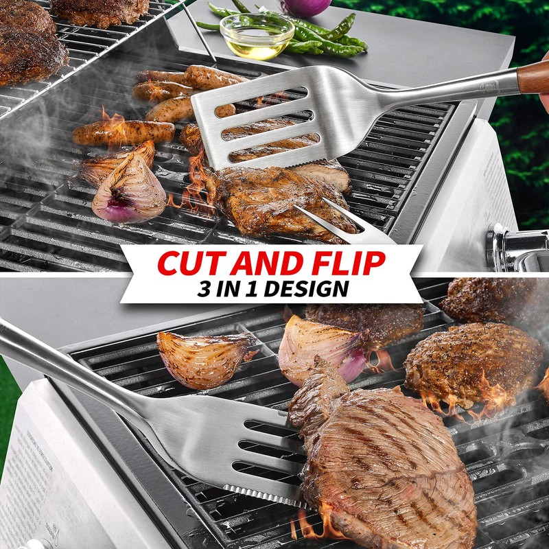 GRILAZ Heavy-Duty Rose Wooden BBQ Grilling Tools Set. Extra Thick