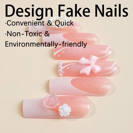 BABALAL Long Square Press on Nails Pink Fake Nails French Tip Glue on Nails 3d Flower Bow Charm Acrylic Nails 24Pcs Glitter Rhinestone Design Squoval Heart Artificial False Nails for Women and Girls