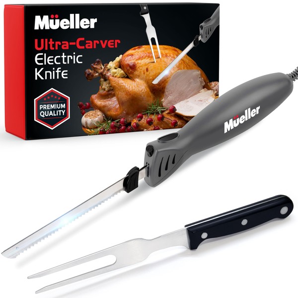 Mueller Ultra-Carver Electric Knife 100W, for Carving Meats, Poultry, Stainless Steel Blades, Powerful Motor, Ergonomic Handle, One-Touch On/Off Button, Blade Release Button, Dishwasher Safe, Grey