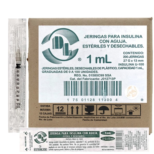 Caja De 200 Jeringas Para Insulina 1 Ml Con Aguja 27 G x 13 mm