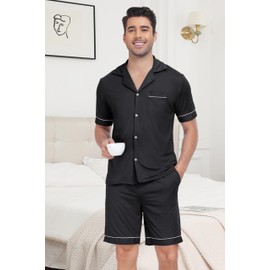 Sopesil Pyjamas for Men Cotton Shorts Sets Button Down Men's Pjs Short Sleeve Soft Sleepwear Soft Loungewear Comfy with Pockets, Black, S