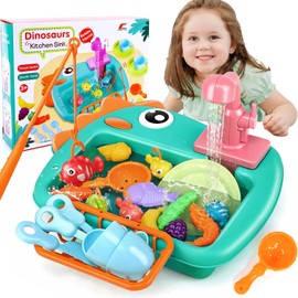 Peeokuo Play Sink with Running Water, Kitchen Play Sink Toy with Electric Faucet, Floating Pool Toys & Fishing Game, Kids Pretend Play-Dishwasher Play Set for Boys Girls