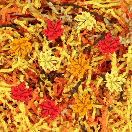 Jansun Fall Brown Orange Yellow Crinkle Cut Paper, 115g/4oz Shred Filler with Red Gold Orange Maple Leaf Confetti for Autumn Harvest Thanksgiving Gift Wrapping Craft DIY Fall Raffia Decorations