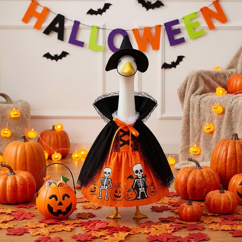 3Pcs Halloween Porch Goose Outfit Pumpkin Dress Witch Cape Hat