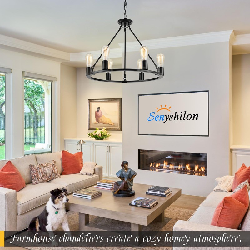 Senyshilon Black Chandelier, 6-Light Dining Room Light Fixture, Round Farmhouse