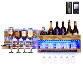Homde Wine Rack with LED Light Wall Mounted Wood Alcohol Shelf with Bottle Stemware Glass Holder Rustic Whiskey Display Storage with 4-Bottle Liquor Dispenser for Home Bar Kitchen Decor