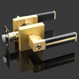 EHOMEWARE 2 Pack Gold Door Handles, Keyed Alike Brass Interior Door Levers with Black Leather Handle, Entry Door Handles Locksets for Bedroom Living