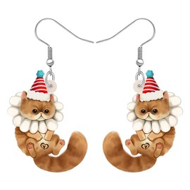 TIZURO Christmas Acrylic Fun Santa Hat Persian Cat Earrings Cartoon Kitten Pets Animals Dangle Novelty Jewelry For Women Xmas Charms Winter Gifts (Brown)
