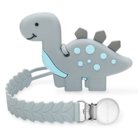 Juguetes de dentición para bebés, mordedores de bebé con clip, juguetes de dentición de silicona para bebés, niños y niñas, alivio para la dentición en forma de dinosaurio, gris