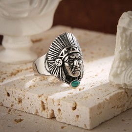 HZMAN Indian Chief Head Ring for Men Stainless Steel Vintage Native American Tribal Leader Warrior Hunter Rings Jewelry Gift, 10, Stainless Steel, No Gemstone