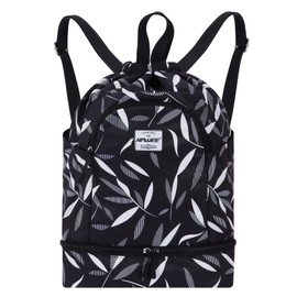 HAWEE Dry Wet Drawstring Backpack with Shoe Compartment for Women and Men Waterproof Yoga String Bag Outdoor Sports Rucksack for Gym/Beach/Swim Pool, Black-White Willow