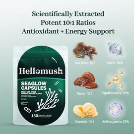 Hellomush Organic Sea Moss Capsules Supplement with Reishi and Tremella 10:1 Extract - Wild Harvested Sea Moss Pills for Women & Men - Immune Support - 180 Capsules 90 Servings