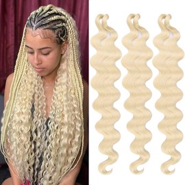 COOKOO 3 Packs Body Wave Braiding Hair 24 Inch Pre-Feathered Bouncy Braids Hair French Curl Wavy Crochet Braids Ocean Deap Twist Synthetic Hair Extensions for Boho Box Braids(613#)
