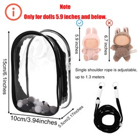 Tinoaly Clear Figure Display Case, Protective Case for Plush Doll Storage Bag Portable Crossbody PVC Hanging Doll Cover Pouch with Keychain for 15cm Dolls Accessories (Black)