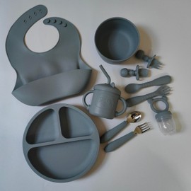 Remonda Baby Led Weaning Supplies,Silicone Baby Feeding Set, Baby Gifts,Suction Plate Bowl Set, Self Feeding Utensil Sets, Bib, Cup, Fruit Feeder, First Stage Eating Essentials, 6+ Months（Blue）