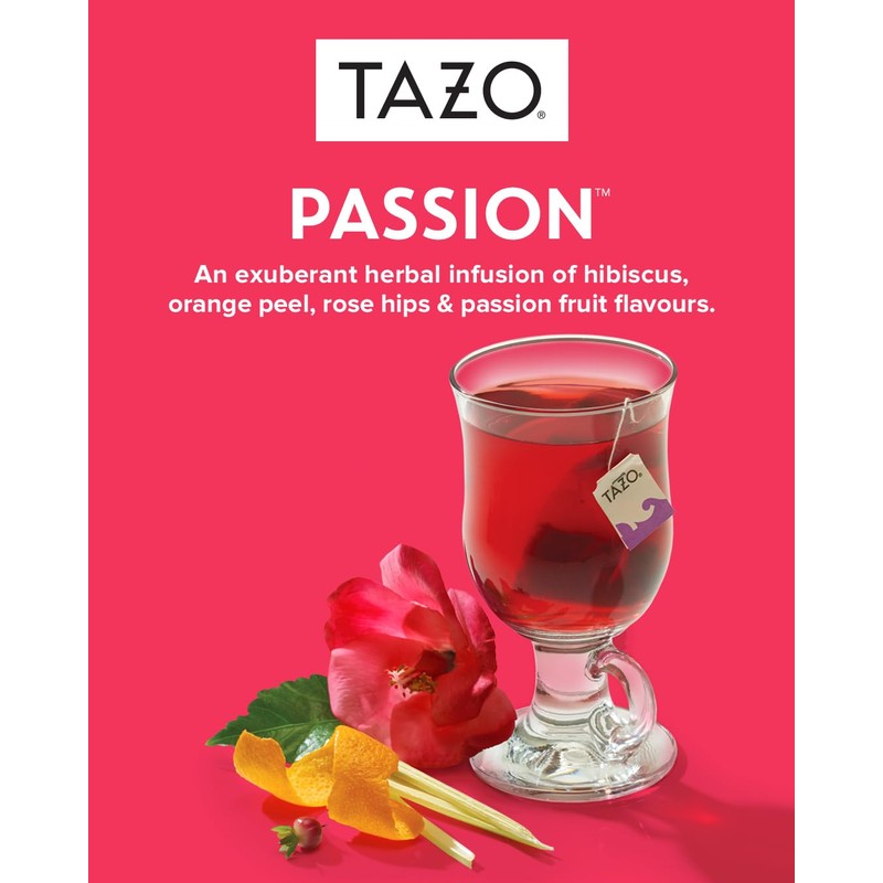 TAZO Passion Herbal Tea Bags, Hot or Iced, Caffeine Free,