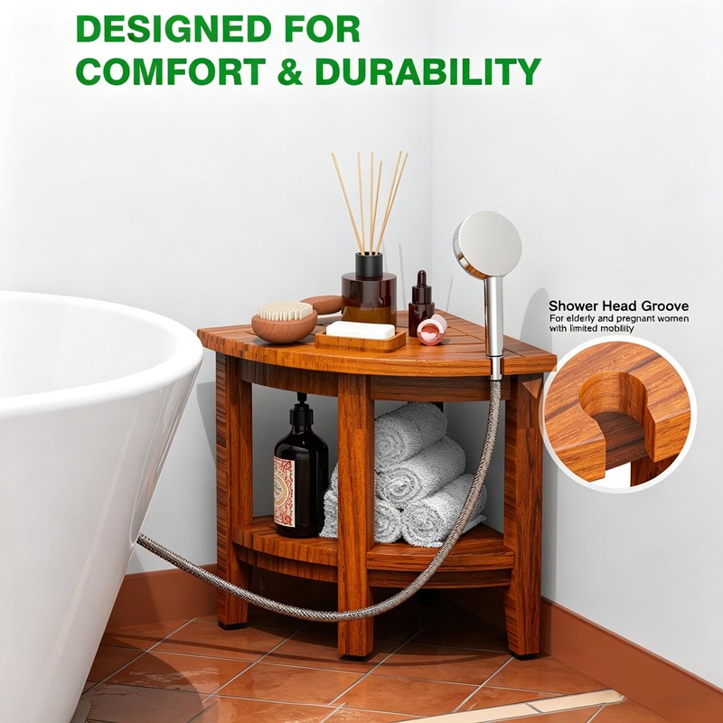 Blodhm Teak 18" Corner Shower Bench Stool for Inside Shower