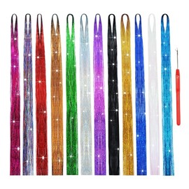 Hair Tinsel Glitter Hair Extension 2400 Strands 119 cm Tinsel Hair Extensions Kit with Pull Hook Needle (12 Colours)