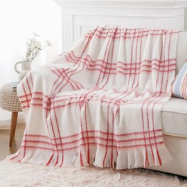 Battilo Cream Plaid Throw Blanket for Couch Bed, Farmhouse Mohair Blankets Throws, Soft Cashmere Tartan Plaid Throws, Red Christmas Stripe Throw Blankets for Home Decor(50"x60")