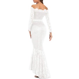 LALAGEN Women's Floral Lace Long Sleeve Off Shoulder Wedding Mermaid Dress White L