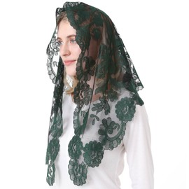Ammmscaf Church Prayer Chapel Veil Catholic Mass Mantilla Veils for Women Lace Latin Mass Church Veil Head Covering (Green&Black)