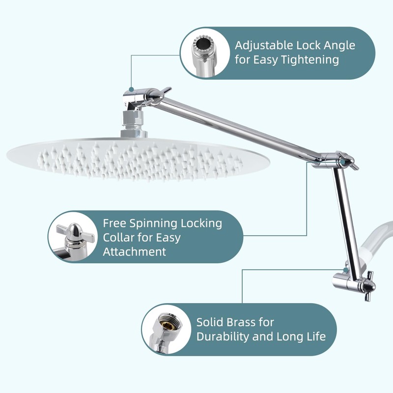 iFealClear All Metal 16" Shower Head Extension Arm, Solid Brass