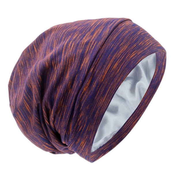 Silk Satin Lined Bonnet Sleep Cap - Adjustable Stay on All Night Hair Wrap Cover Slouchy Beanie for Curly Hair Protection for Women and Men - Mixed Purple