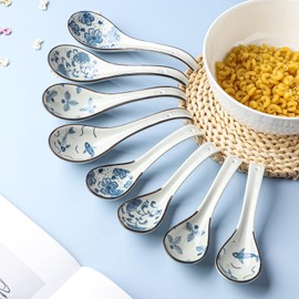 Chinese Soup Spoons Set of 8 Ceramic Spoons for Ramen Miso Soup Dumplings Pho Tablespoons (8, S4+M4)
