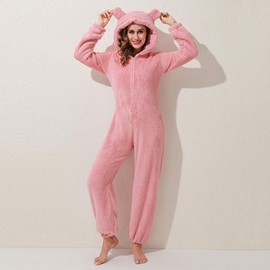 MUMUBREAL Womens Fleece Onesies Pajamas Jumpsuit Warm Sherpa Romper Sleepwear One Piece Zipper Hooded Playsuit Loungewear(Pink,M)
