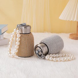 Ceramoon Bling Insulated Water Bottle Double Wall Stainless Steel Vacuum Flask with Glitter Rhinestones Diamond 10 oz Keep Cold Water Bottle with Pearls Bracelet Handle (Gold Diamond)