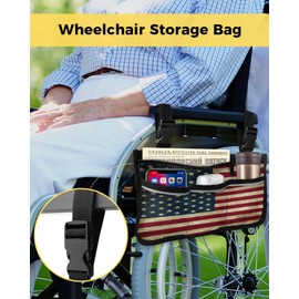 Wheelchair Side Storage Bag American Flag Armrest Pouch with Cup Holder and Reflective Strip Wheelchair Accessories Organizer Bags for Walkers Rollator