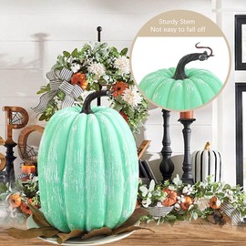 Artmag 8 Inch Large Artificial Pumpkins, 2PCS Big Green-White Brushed Pumpkins Faux Foam Harvest Pumpkins for Fall Autumn Thanksgiving Holiday Decor Decorations (Green-White Brushed)