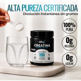 Oby Creatina Monohidratada Micronizada en Polvo 100% Alta Pureza Certificada 100 Servicios 5g por porción Sin Sabor Alto Rendimiento Pre Workout Suplemento Vegano Mujer y Hombre 500g