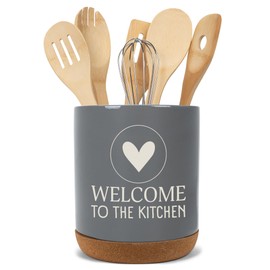 Elanze Designs Welcome to the Kitchen Ceramic Cork Bottom Gray Large Capacity Utensil Holder Crock for Countertop Storage, Stylish & Durable for Spoons, Spatulas, and Cooking Tools