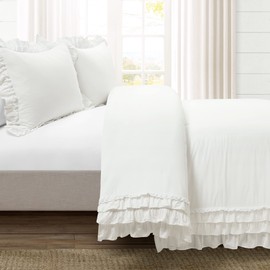 Lush Decor Ella Ruffle Lace 100% Cotton Duvet Cover, 3 Piece Set, Full/Queen, White - Cute Comforter - Queen Bedding Set - White Bedding Full Size - Coquette Decor - Neutral Lace Trim - Ruffle Trim