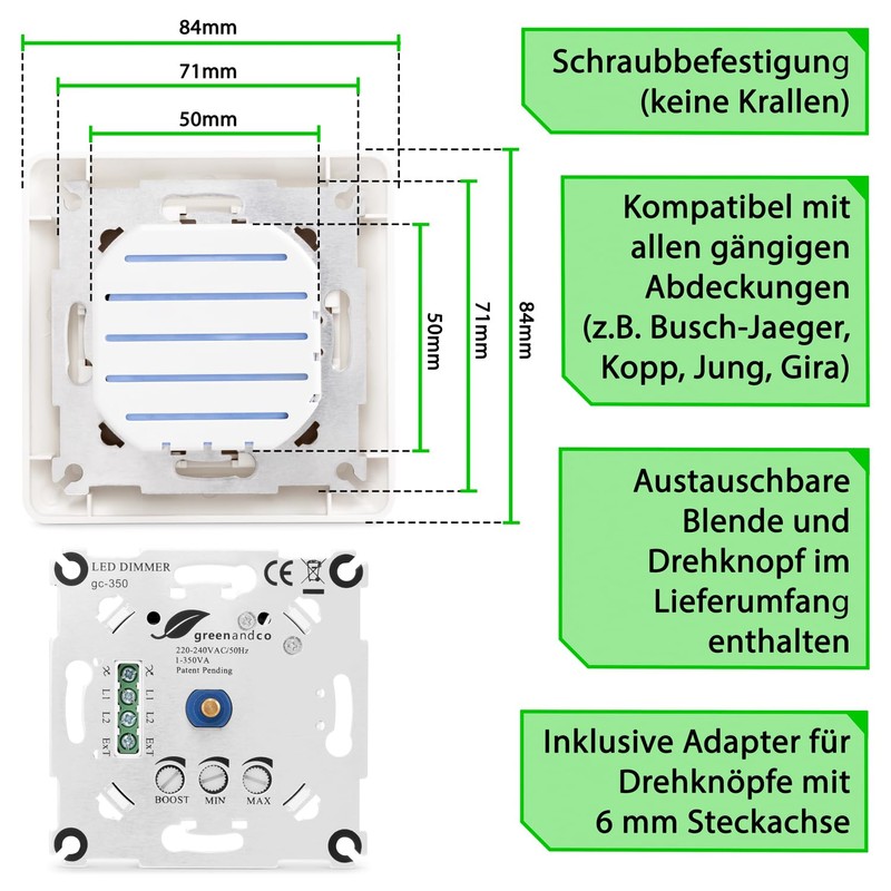 Greenandco® GC-350 Flush-Mounted LED and Halogen Dimmer 1-350 Watt Suitable