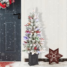 Glitzhome 4ft Pre-Lit Christmas Tree, Flocked Artificial Christmas Porch Tree with Red Berries and 60 Warm White/Multi-Color Lights,2 Functions w/Foot Pedal for Porch,Front Door Christmas Decor