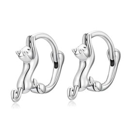 Thin Small Cute Cat Huggie Hoop Earrings 925 Sterling Silver Mini Earrings for Women Playful Cat Lovers Animal Unique Cool Earrings Lightweight Cartilage Hoop Earrings Cuffs Earrings