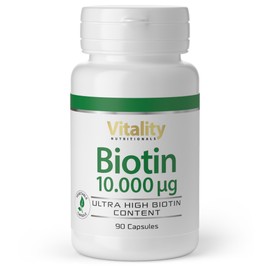 Biotin Hochdosiert 10 mg / 10000 mcg Kapseln, Vitamin B7 für Haare, Nägel und Haut, Vegan, 90 Stk, Nahrungsergänzung Vitality Nutritionals by VitaminExpress