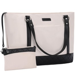 VX VONXURY Women's 15.6 Inch Laptop Tote Bag, White/Beige, 21.9L Capacity, Water Resistant, 11 Pockets, Shockproof Laptop Compartment
