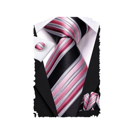 Hi-Tie Men Ties Sets Silk Stripe Paisley Necktie Pocket Square Cufflinks for Business Wedding,Black Pink