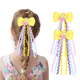 Usakinon Girls Hair Clips Mermaid Bow with Dangling Ribbons, 2 Pieces Sets, Pink Blue Purple, Party School Accessories (Yellow)