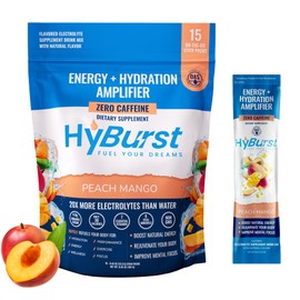 Hyburst Energy and Hydration Amplifier — 4-in-1 Electrolytes Powder Packets with Vitamins, Minerals & L-Theanine — Zero Caffeine Energy Booster — Non-GMO, Gluten Free — 15 Sticks Peach Mango