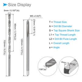 CoCud Tap and Drill Bit Set M5 x 0.8 Thread 120 mm Length Tap 5 mm Drill Bit Metric Extra Long Machine Screw and Rotary Drill Kit - (for Tapping) 1 Set