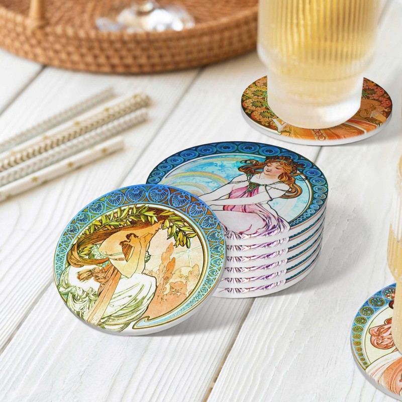 Alphonse Mucha Art Absorbent Coasters with Holder Set of 6,