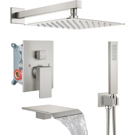 Midanya Rain Shower System Tub Shower Faucet Set Rain Fall Shower Head with Handheld Spray and Waterfall tub Spout Tub Shower Combo Rough-in Valve Included,with Square Knob,8 Inch Brushed Nickel