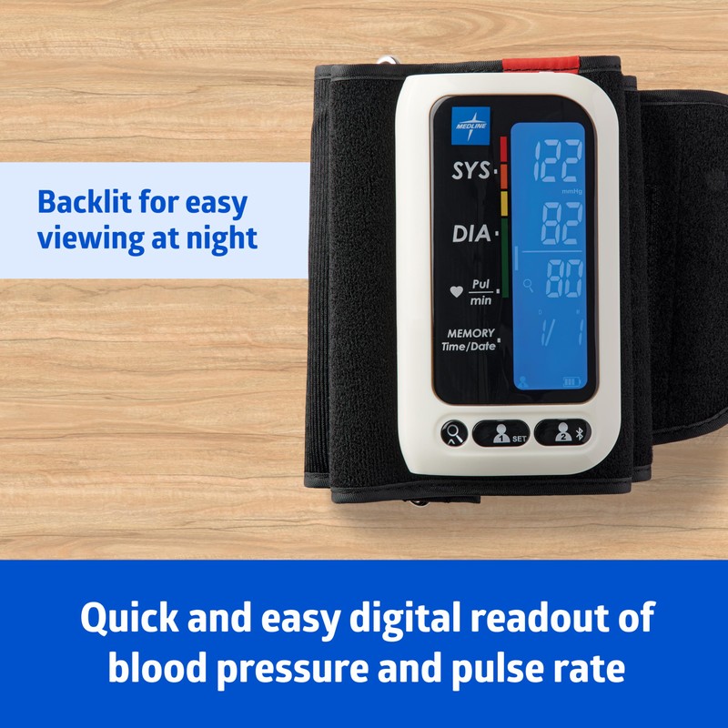Medline Bluetooth Blood Pressure Monitor, Attached Universal Upper Arm Cuff,