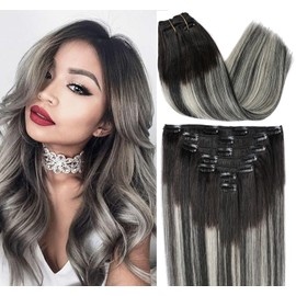 ORIGEN Clip in Hair Extensions Real Remy Human Hair Ombre Natural Black Mix Silver Grey Dark Black Roots Hair Extensions for Women 120g 7 Pcs 16 Inches