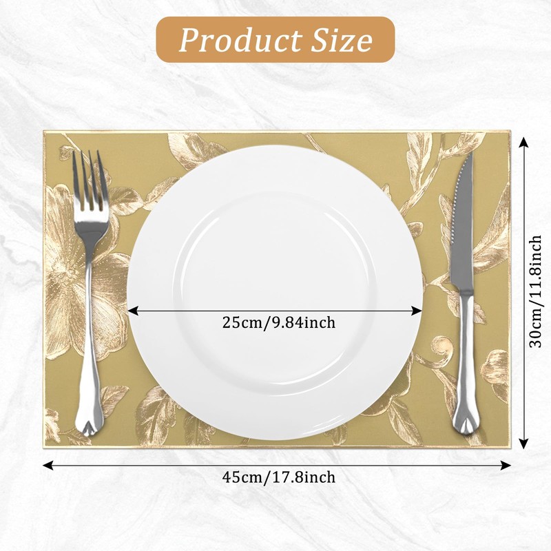comfoyar Gold Rectangular Metallic Flower Placemats Set of 6, 12x18