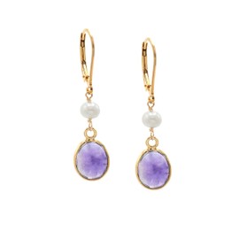 14k Gold-Filled Lever-back Earrings made with Amethyst Bezel Set Drops and (3.5-4mm) White Cultured Freshwater Potato Pearl Accents